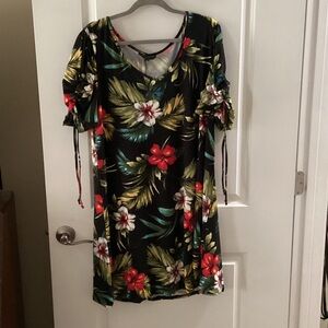Floral Tropical Black V-Neck Women’s Dress